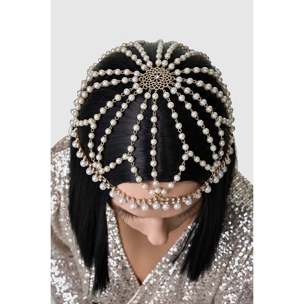 1920s Crystal Headpiece Rhinestone Gold Tone Flapper Gatsby Party Accessory - Picture 3 of 6